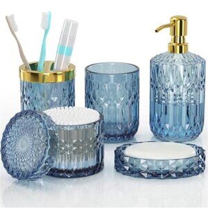 Blue Bathroom Accessories Set 5 Pcs Glass Soap Dispenser Toothbrush Holder Decor